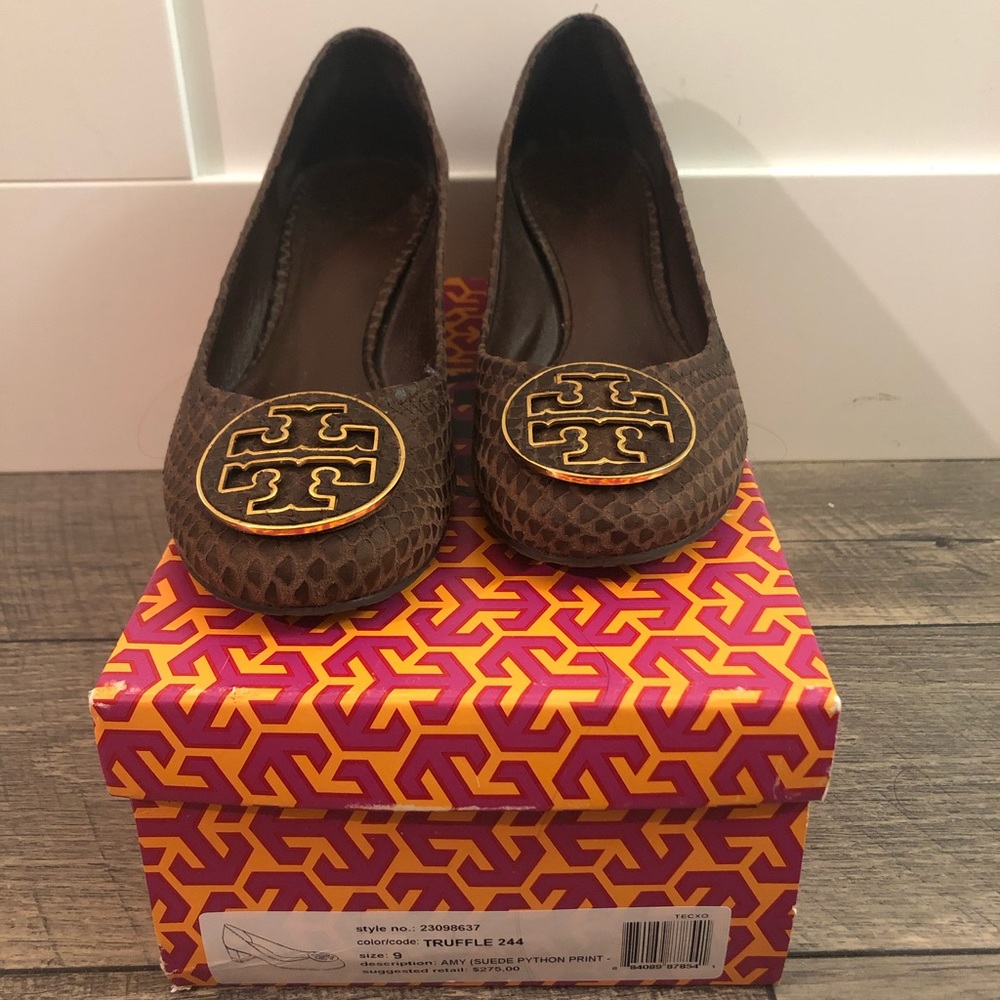 Tory Burch Brown Amy Suede Python Print Pumps
